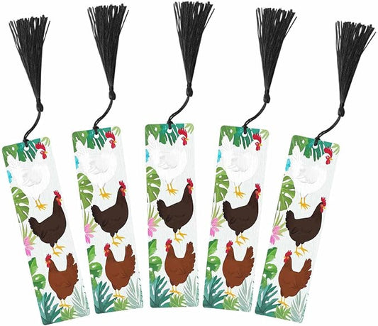 Cute Chickens Bookmarks 5 Pcs Floral Palm Leaves Cartoon Hen Wooden Bookmark with Tassels for Reading Book Lovers Gift Office School Readers Teacher