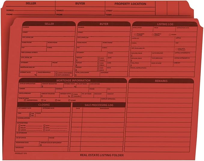 Real Estate Listing Folder - Right Panel List, Holder for Documents Pre-Printed with Closing Checklist & Tracker on Card Stock Color-Dots for Organization - Letter Size, 25-Pack - Red