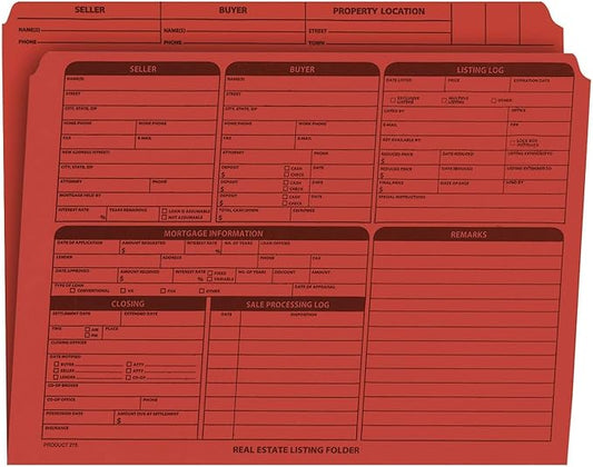 Real Estate Listing Folder - Right Panel List, Holder for Documents Pre-Printed with Closing Checklist & Tracker on Card Stock Color-Dots for Organization - Letter Size, 25-Pack - Red