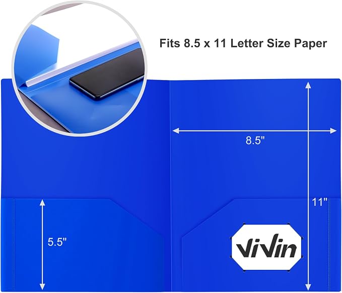 ViVin 60-Pack Heavy Duty 2 Pocket Folders, Plastic File Folders for School, Office and Home (Blue)