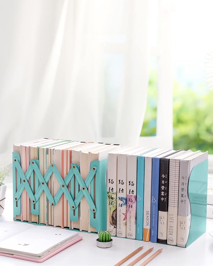 MSDADA Adjustable Bookends, Book Ends for Heavy Books, Expandable Book Organizer for Desk, Shelf, Office, School, for 6 7 8 9 10 11-15 Boys and Girls, Extends up to 19 inches (Light Green)
