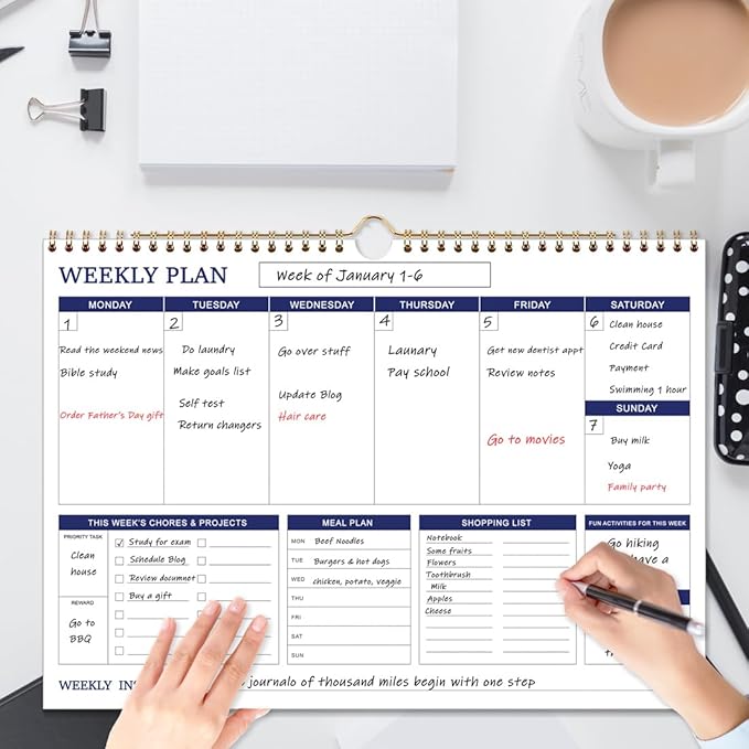 (2-Pack) Large Weekly Planner - 17" x 12" Spiral Weekly Calendar, 52 Weekly Goals Schedule Planner for Planning and Organizing Family Activities, Meal Tracker, Undated