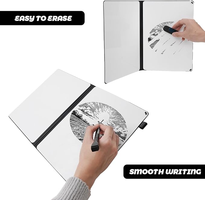 Portable White Board Small Dry Erase Board, 9" x 12" Double Sided Foldable whiteboard with 3 Pens, A4 Reusable Notebook with Storage Mesh Bag for Study, Meeting, Draft, Notes, Doodling