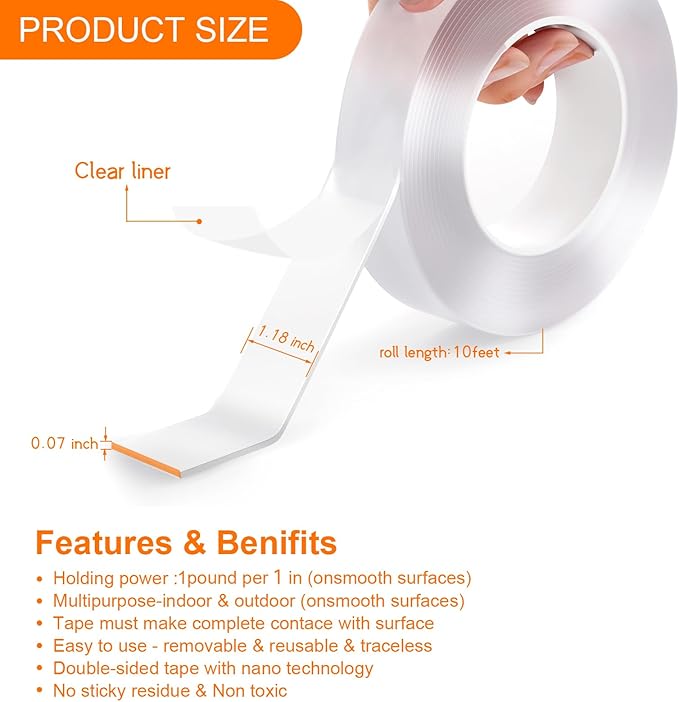 Yeefeoch Double Sided Tape Heavy Duty, mounting Picture Hanging Adhesive Strips, DIY Extra Large Nano Tape for Wall Water Proof/Weather Proof Double Sided Tape, T002 (M, 0.07 in*1.18 in*10 Feet)