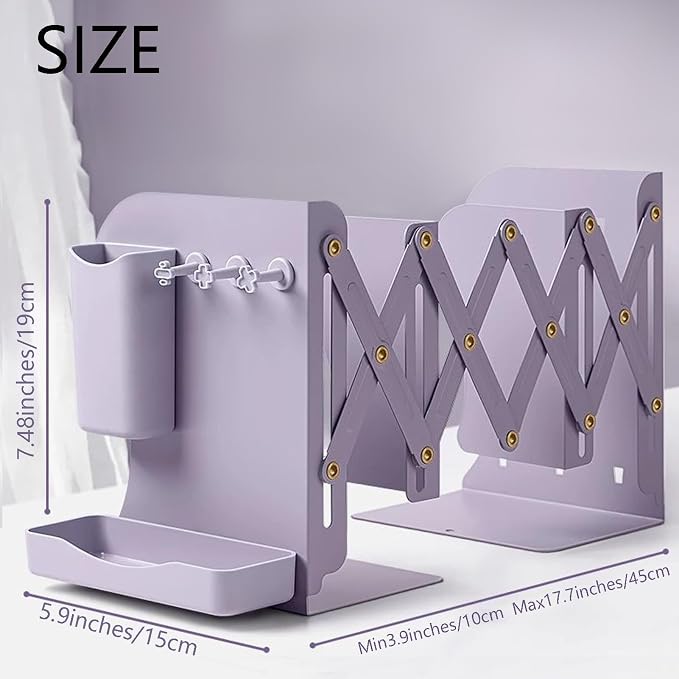 Adjustable Metal Bookends Heavy Duty for Shelves, 2 Dividers, Side Organzier, Anti-Slip Design Expandable Book Ends for Desk, Office(Purple, 18 inches Max)