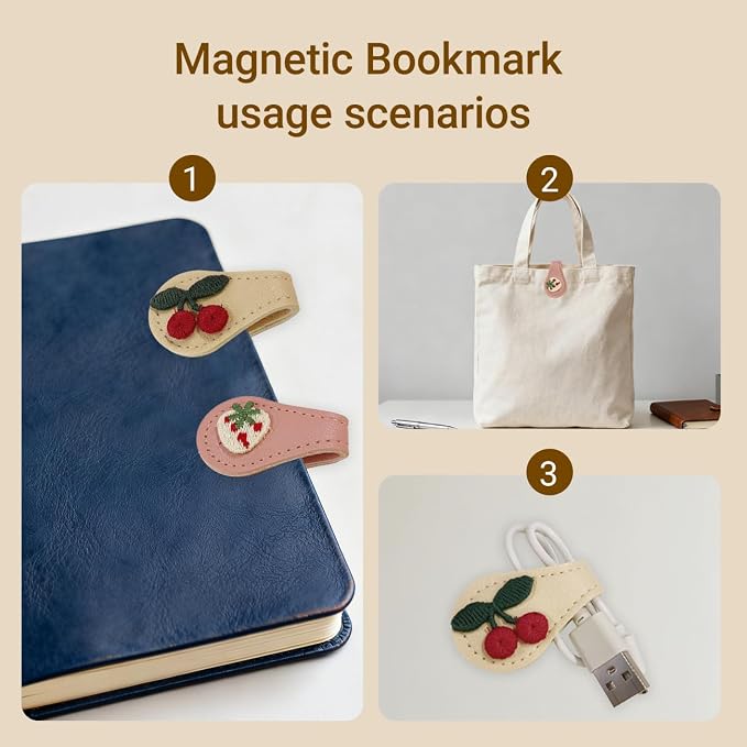 2Pcs Magnetic Leather Bookmark Set, Embroidery Magnetic Bookmarks Clips for Book Lovers Reading, Book Accessories(Pink Strawberry, White Cherry)