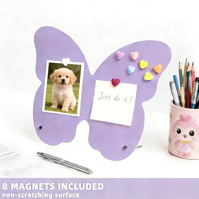 2 Pcs Magnetic Board, Magnet Message Board, 10.6"x8.2" Metal Magnetic Bulletin Board with 50 memo Sheets and 8 Magnets, Magnet Display for Home, School, Kitchen, Office(Butterfly, Purple)