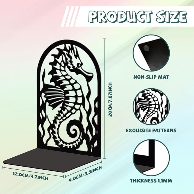 Peacoblue Metal Bookends for Shelves, Modern Decorative Heavy Duty Study Book Support Stoppers for Office, Desk, Shelf, Room 5.3"x4.3"x7.9" Cast Iron Simple Tall Bookends, 1 Pair (Seahorse)