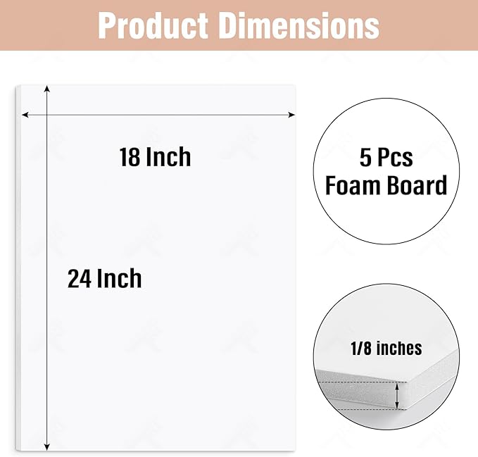 Golden State Art, Acid Free 5 Pack 18x24 White Foam Boards Foam Core Poster Board, 1/8'' Thick Polystyrene Foam Sheet for Projects, Mounting, Crafts, Art and Presentations