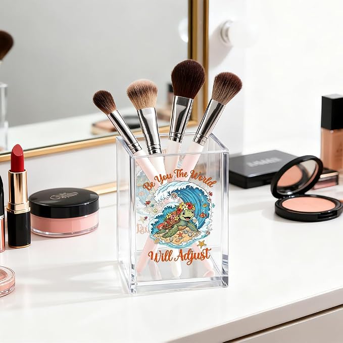 Be You The World Will Adjust Pen Holder Makeup Organizer, Funny Sea Turtle Pencil Pen Holder for Desk, Ocean Beach Theme Desk Accessories, Coastal Organizer Office Gifts for Coworker Friend