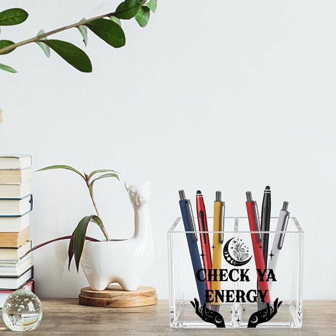 Funny Witchy Acrylic Cosmetic Pencil Pen Holder Check Ya Energy Pen Holder Cup Spiritual Witch Gifts for Women Men Colleague Boss Decor for Home Office Desk Accessories