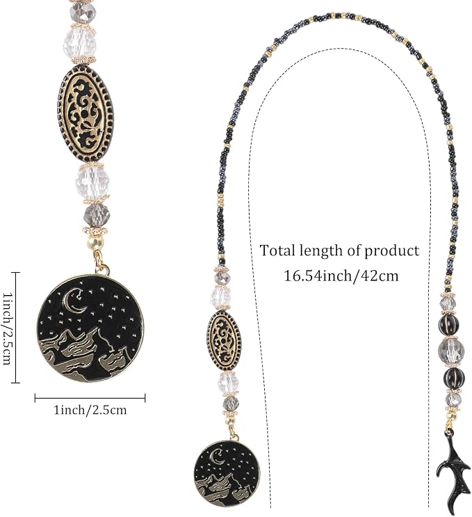 Crystal Moon Beaded Bookmark - Glass Seed Beads Fantasy Bookmark Gift for Women & Men, Black Chain Bookish Accessory for Readers and Book Lovers Students Teacher
