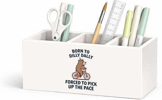 Born to Dilly Dally Bear Wooden Desk Organizer, Cute Bear on Bicycle Pen Pencil Holder with 3 Compartments, Decorative Office Supply Storage Box for Desk, Home, Office, Gift for Kids & Adults