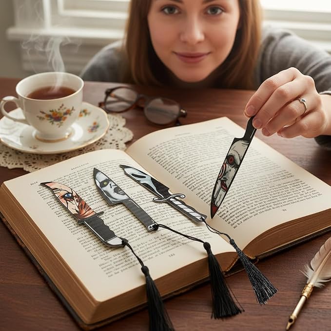 Rongji Jewelry Horror Movie Knife Acrylic Bookmark, Gothic Character Dagger with Tassel, 10 Knife