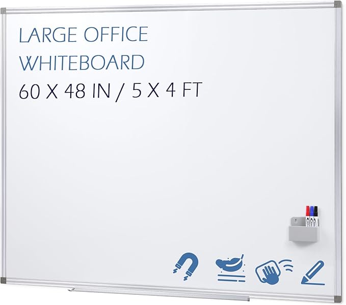 SWANCROWN Large White Board Dry Erase 60" x 48" Presentation Magnetic Whiteboard with Long Pen Tray, 5' x 4' Large Dry Erase Board for Wall, School, Office and Home