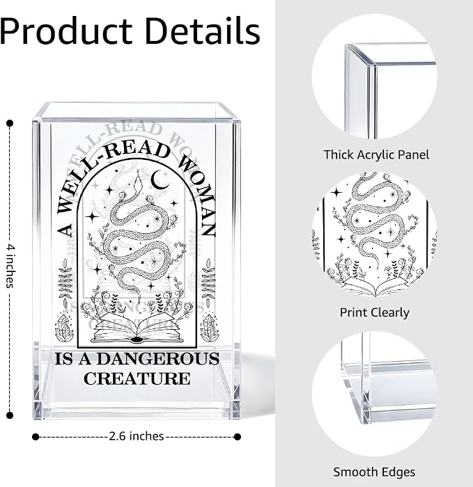 A Well-read Woman Is A Dangerous Creature Acrylic Pen Holder Makeup Organizer, Funny Pencil Pen Holder for Desk, Desk Accessories for Women Librarian Bookish Teacher, Feminist Book Lover Gifts