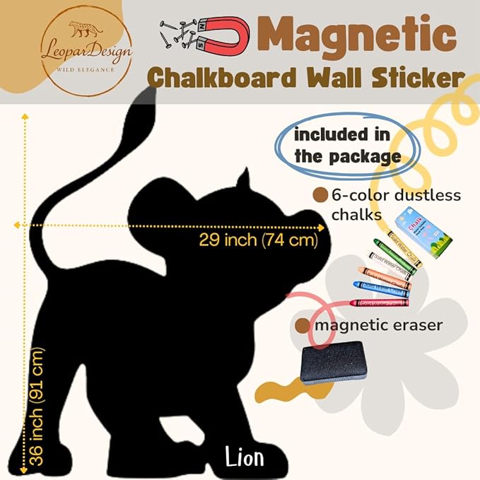 Cartoon-Style Magnetic Wall Chalk Board for Kids - Peel & Stick Magnetic Board for Drawing, Writing & Learning - Chalkboard Wall Sticker for Playrooms, Bedrooms, Classrooms & Homeschool - Lion