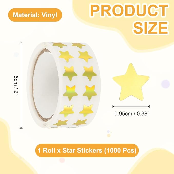 PATIKIL Star Stickers Roll 3/8", 1000 Pcs Self-Adhesive Reward Stickers for Classroom Teacher Supplies and DIY Craft, Gold