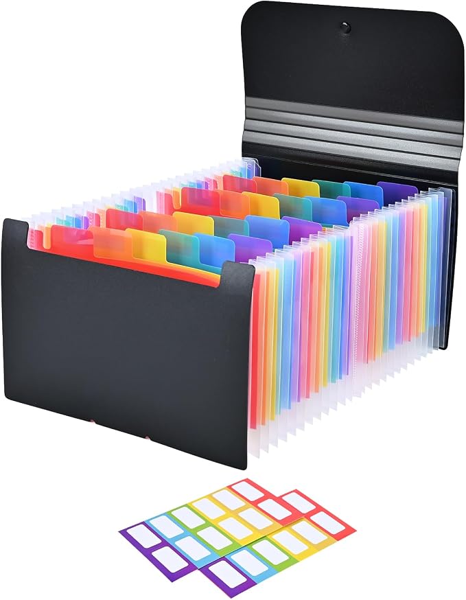 Receipt Coupon Holder Organizer, 25 Pockets Small Accordian File Organizer, Expanding File Folder with Colorful Tabs, A6 Size for Cards, Check, Tickets, Monthly Bills Storage (Black)