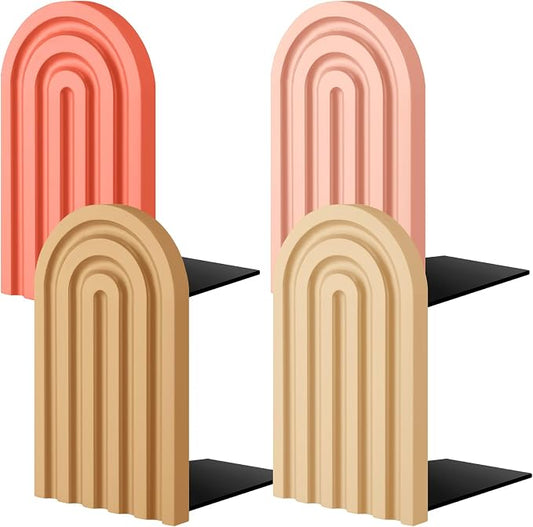 Harloon 4 Pcs Boho Arch Wooden Bookends, Decorative Rainbow Book Stoppers with Non-Slip Metal Base, 5x3x4 Inches, Cute Shelf Decor for Heavy Books, Home Office Study Desk Organizer(Cute Color)