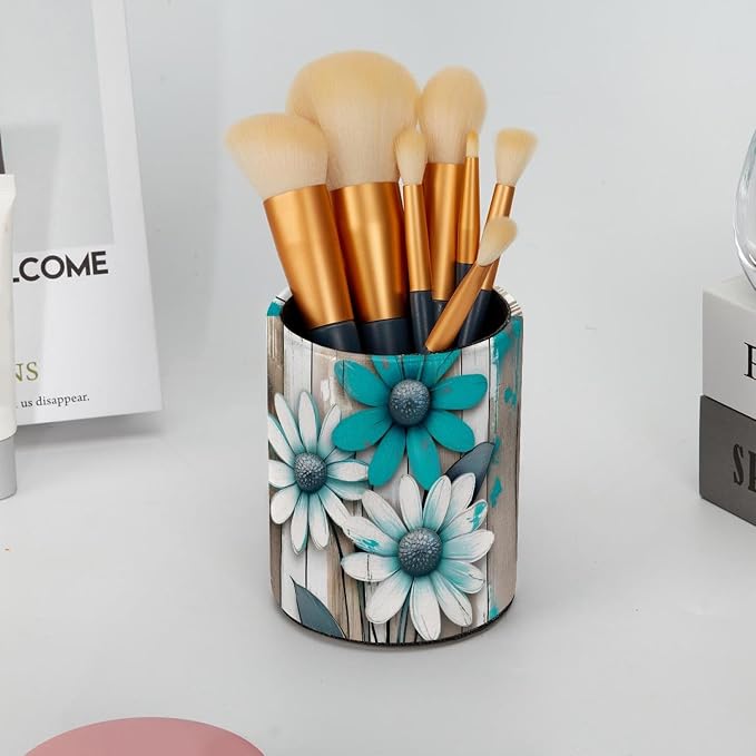 Pen Pencil Holder for Desk, Teal Daisy Butterfly Farmhouse Makeup Brush Holders Leather Pen Organizer Pencil Caddy for Office Home Art Supply