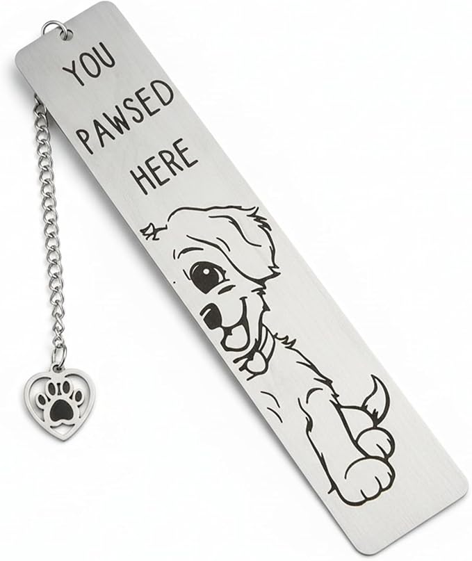 Dog Bookmark, Stainless Steel Metal Bookmark with Paw Charm, Engraved “You PAWSED HERE”, Cute Puppy Book Marker Gift for Dog Lovers & Dog Moms