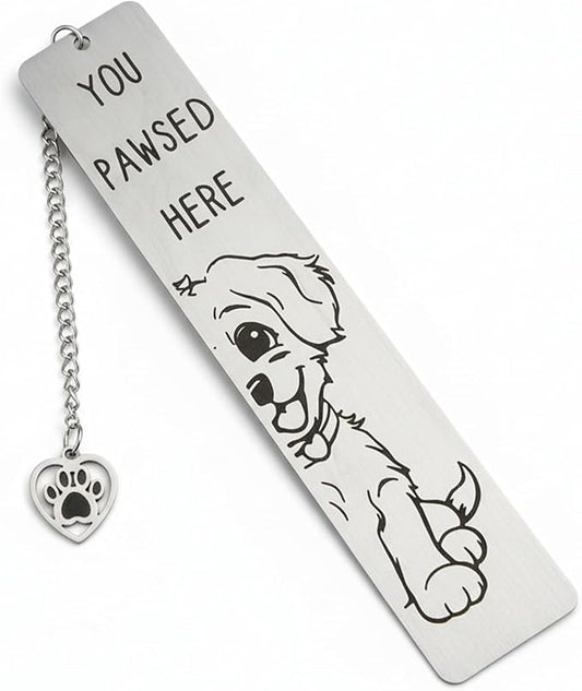 Dog Bookmark, Stainless Steel Metal Bookmark with Paw Charm, Engraved “You PAWSED HERE”, Cute Puppy Book Marker Gift for Dog Lovers & Dog Moms
