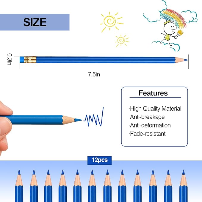 12 Pcs Checking Pencils Erasable Colored Pencils Pre-Sharpened 2 HB with Erasable Tops for Checking(Blue)