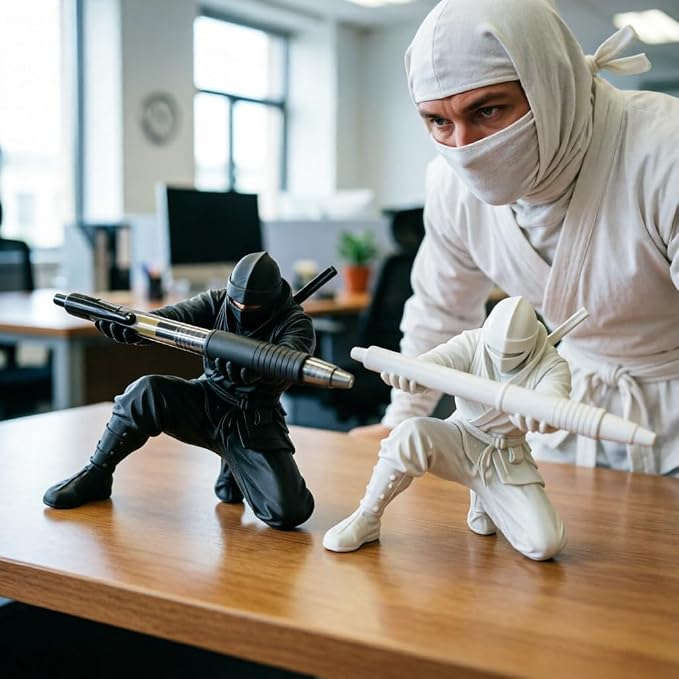 HUBAI Ninja Pen Holder For Desk,Ninja Warrior Pen Holder With Sword And Weapon Accessories,3D Printed samurai pen holder Creative Ninja Desk Organizer with Sword,Accessories (2, Black and White)