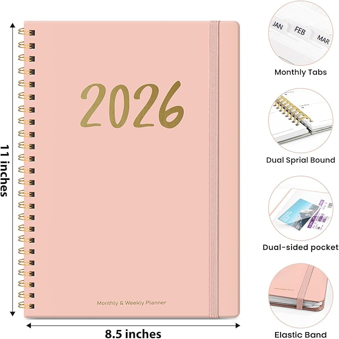 2026 Planner, Weekly and Monthly Planner for Women, January 2026 - December 2026, Hardcover 2026 Calendar Planner Book with Tabs, Inner Pocket, Spiral Bound, Perfect for Office Home School Supplies - A4 (8.5" x 11"), Pink