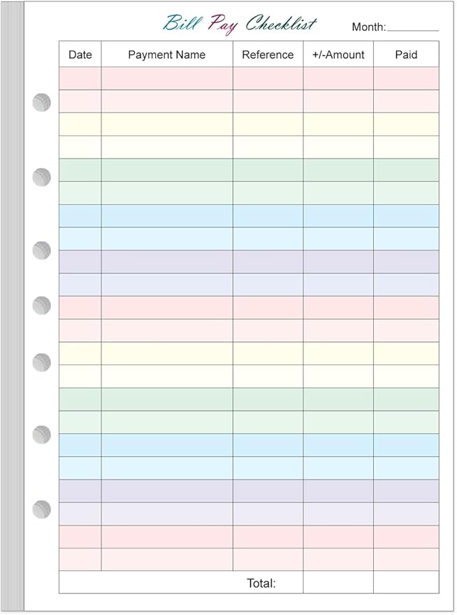 Payment Checklist Refills Paper for Mini 3 or 7 Ring Binders - 50 Sheets/100 Pages Colorful Monthly Budget Forms, 7 Hole Punched/Desk Size 4, 100 gsm White Paper, 5.8" x 8.3"