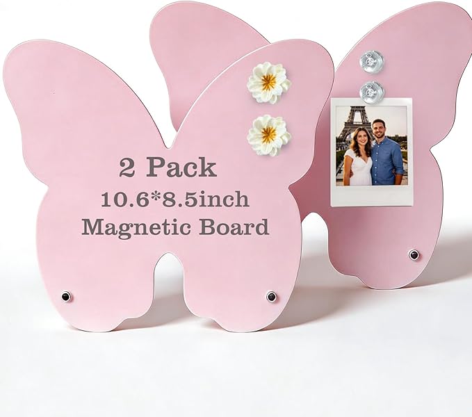2 Pack Desk Magnet Board,Black Magnetic Board,Metal Magnetic Bulletin Board,Magnet Display Stand with Flower Pins for Home, School, Kitchen, Office (Pink)