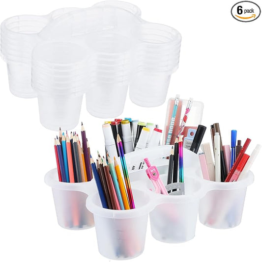 Reallnaive 6 Pack Classroom Caddy Plastic Cup Crayon Pen Holder with Handle, 6-hole Cup Storage Art Caddies Table Organizer for Drink Delivery Pencil Pen School Office Art Crafting (Clear)