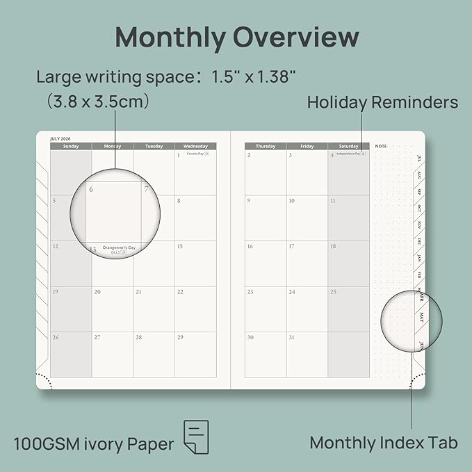 POPRUN 2026-2027 Academic Planner, 6.5" x 8.75", Weekly and Monthly Calendar, July 2026 to June 2027, Hardcover Appointment Book with Verital Layout, Hourly Time Slots, Monthly Tabs - Dark Green