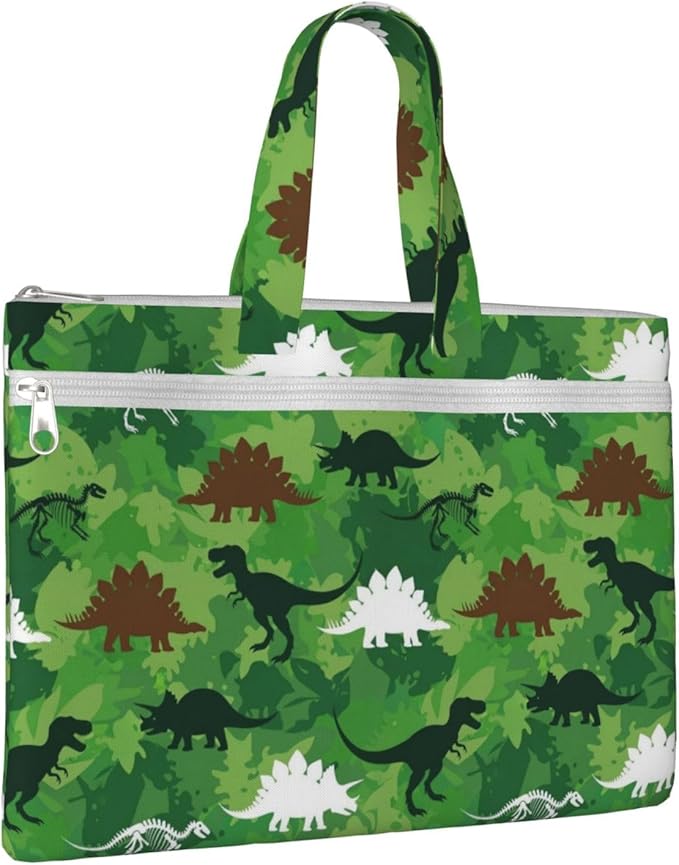 Canvas Zipper File Pouch with Handle, Green Dinosaurs Camouflage Foldable Waterproof Document Organizer for Books and Paper Storage