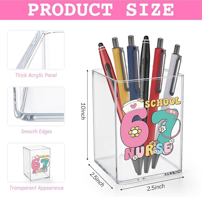 Funny 67 School Nurse Acrylic Cosmetic Pencil Pen Holder Cup Gifts for School Nurse Pink Girly Cute Decor for Home Office Desk Vanity Organizers and Accessories