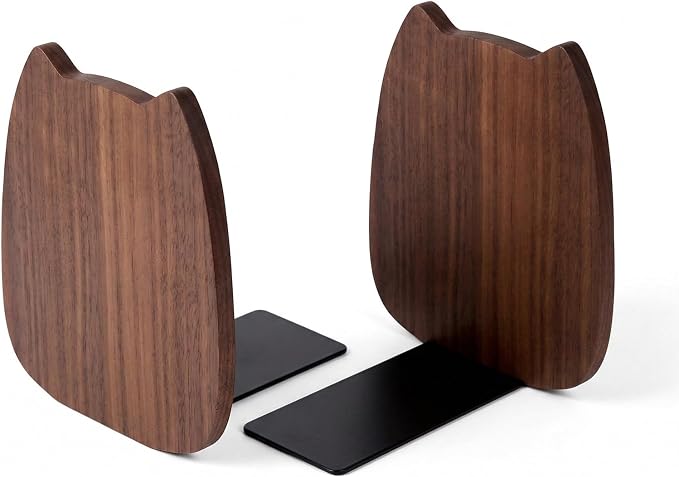 Cute Kitten-Shaped Book Ends for Shelves, Detachable Design Bookends for Heavy Books, with Anti-Slip Foam Pads, an Ideal Gift for Book Fans (Pack of 2,Black Walnut Wood Kitten)