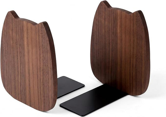 Cute Kitten-Shaped Book Ends for Shelves, Detachable Design Bookends for Heavy Books, with Anti-Slip Foam Pads, an Ideal Gift for Book Fans (Pack of 2,Black Walnut Wood Kitten)
