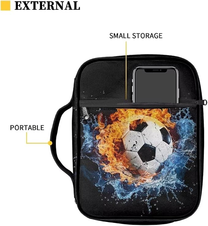 Coldinair Football Bible Cover for Kids Teen Men Fire Flame Church Bible Protective Book Case with Pen Slot Handle & Zippered Pocket Travel Christian Bible Accessories