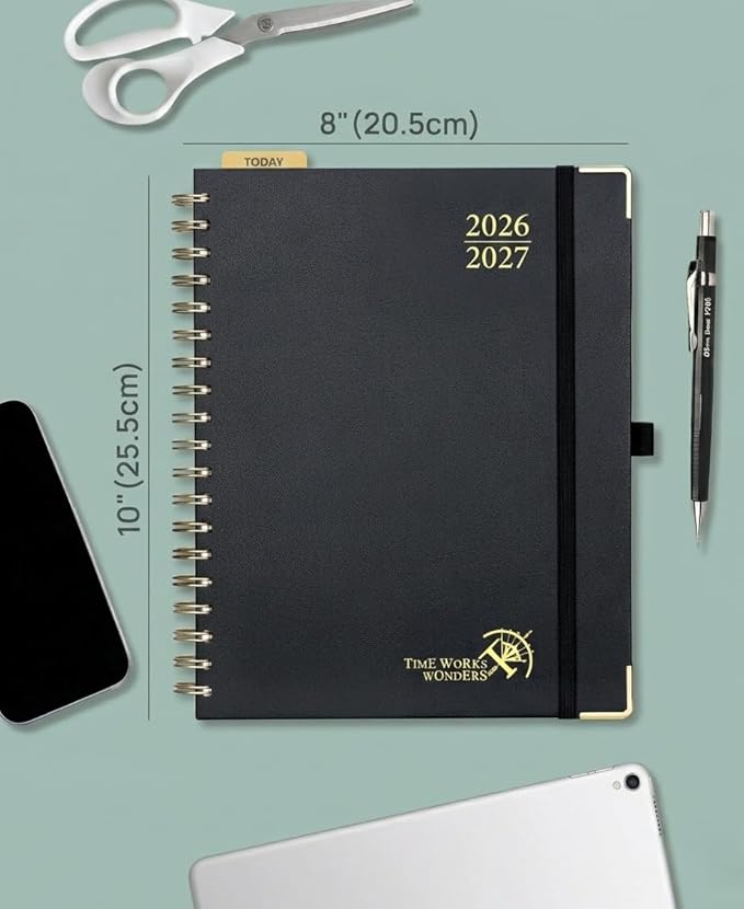 POPRUN 2026-2027 Academic Year Weekly and Monthly Planner Calendar,Jul 2026 - Jun 2027，10" x 8"， Daily Agenda Book & Appointment Book with Hourly Schedule, Tabs, Hardcover, School and Office Supplies - Black