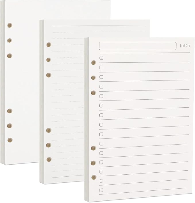 Multibey A5 Refill Paper, 3-Pack Planner Insert for A5 Binder, 100GSM Thick Refillable Paper 6 Hole Filler Inserts Loose Leaf Paper 135 Sheets (270 Pages), Blank/Lined/TO DO Inserts Paper
