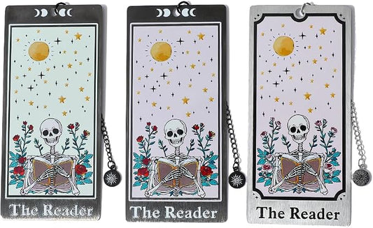 3Pcs Unique Skull Reader Bookmark - Metal Bookmark with Black Tassel, Star and Rose Pattern, Engraved “THE Reader” for Dark Gothic Lovers, Women Readers Fantasy Gift Gothic Gift (3PCS B)