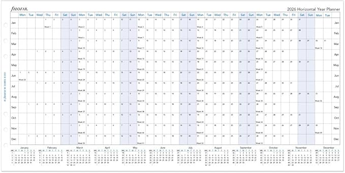 Filofax Calendar Diary Refill, A5 Size, Horizontal Year Planner, White Paper, English, 2026 (C68506-26)