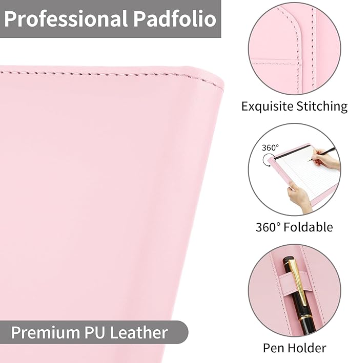 MOWPOG Professional Padfolio Portfolio Binder, Faux Leather Interview Resume Folder, Letter Size A4 Legal Writing Pad Holder, Document Organizer for Business School Office Conference (Pink)