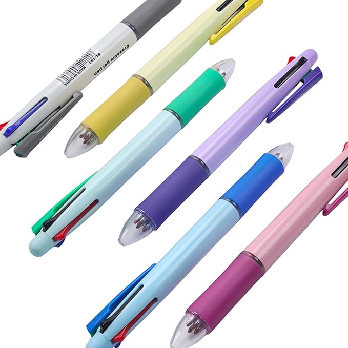 MROOFUL 6 Pcs 4 in 1 Multi-Coloured Ballpoint Pen Erasable Pens 0.5mm 4 Colours Retractable Ball Point Pen Multicolor Ink Pens with 10 Refills and 2 Eraser for Student Stationery Office Supplies