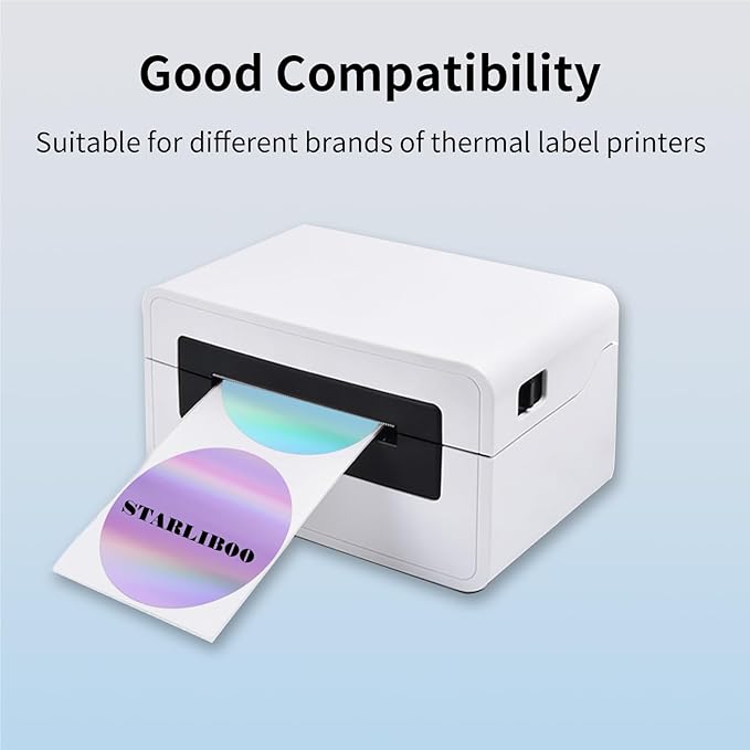 Thermal Label Printer Stickers, 3 Inch Round Holographic Thermal Label Sticker, Circle Holographic Direct Printer Stickers, Perforation Line Design/ 4 Colors