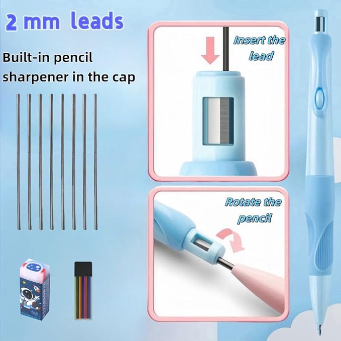 Handwriting thick mechanical pencils with grip: 2.0MM HB Pencil for kids with 14 leads (6 pack red)
