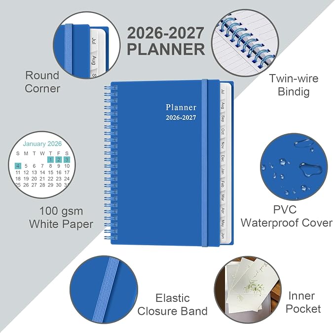 2026-2027 Planner - Planner 2026-2027 from July 2026 - June 2027, Weekly & Monthly Planner Spiral Bound with 12 Monthly Tabs, Inner Pocket, 6.4" x 8.5", Blue-E