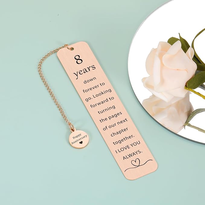 Bronze Anniversary Wedding Gifts for Her Him, 8th Anniversary Bookmark for Husband Wife, 8 Year of Marriage Gift for Men, Rose Gold Steel Gifts for Couples, Romantic Birthday Christmas Gift for Women