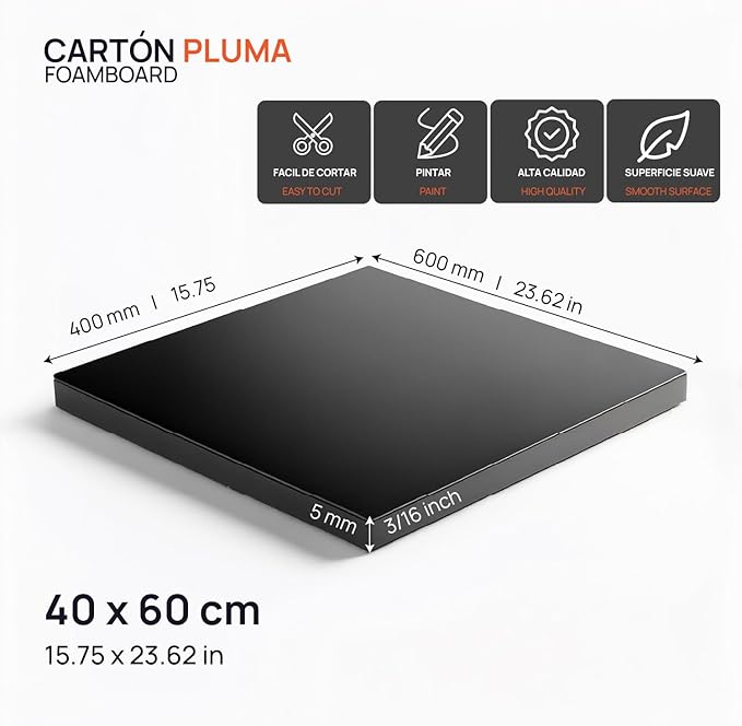OFITURIA Foam Board, Black, Adhesive, 40 x 60 cm, Expanded Polystyrene Plate, Lightweight and Rigid, Foam Board, Versatile and Cuttable, for Crafts and Models, 5 mm